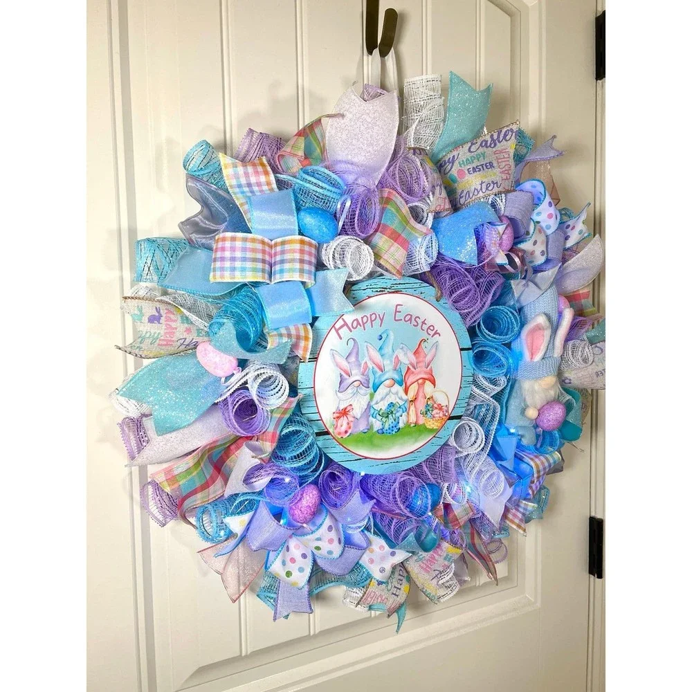Handmade Easter Bunny Gnome Prelit Ribbon Wreath 22 in LED W9